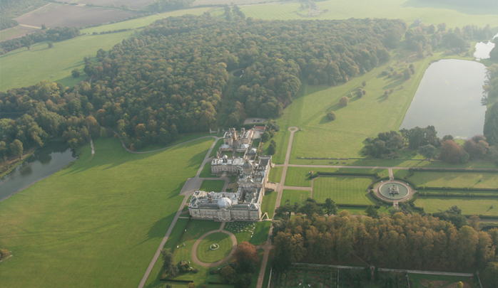 A fine aerial view and picture of Castle Howard, the 18th Century estate and home of the Howard family for over 300 years taken on one of our balloon flights from the ancient city of York in autumn.