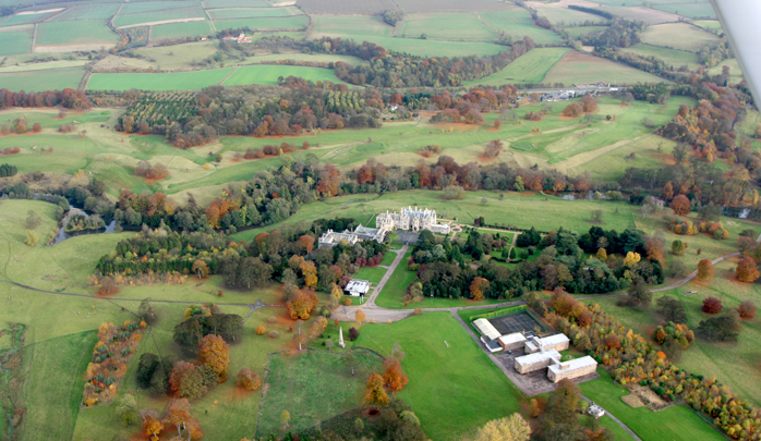 The mellow stone and landscaped grounds of Stoke Rochford Hall are a great aerial view to appreciate as you take off from this fine Victorian country mansion.