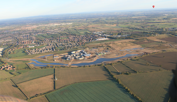 Aerial view from a balloon basket of the new York University campus at Heslington East